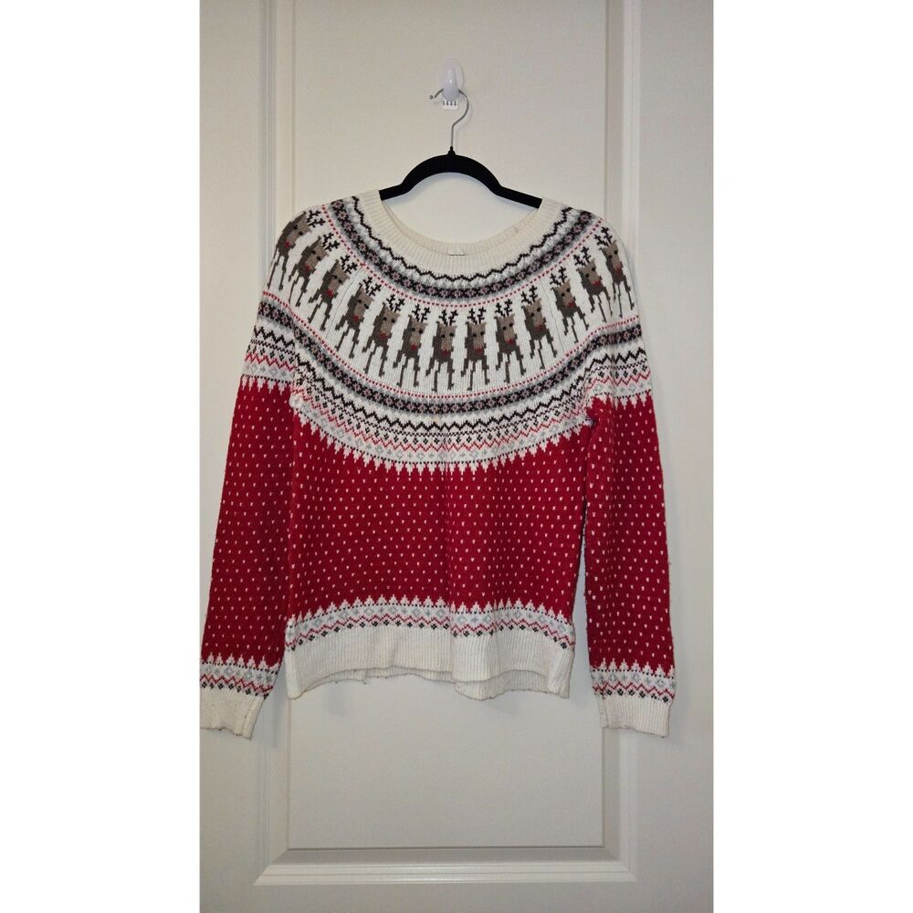 L.O.G.G. Reindeer Fair Isle Christmas Sweater Size Small Red Cream